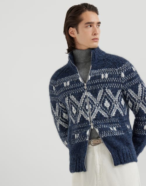 Jacquard cardigan Navy Blue Man - Brunello Cucinelli