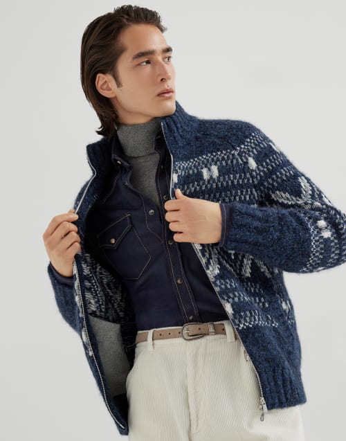 Cardigan jacquard Bleu Marine Homme - Brunello Cucinelli