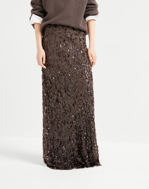 坠影流光刺绣半身长裙 可可色 女款 - Brunello Cucinelli