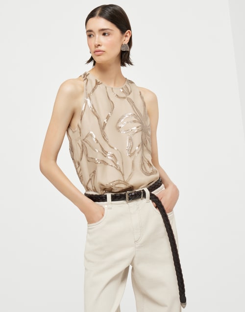 挺括丝绸无袖上衣 咖啡色 女款 - Brunello Cucinelli