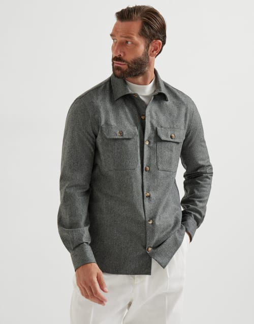 Sobrecamisa en franela de lana virgen Gris Oscuro Hombre - Brunello Cucinelli