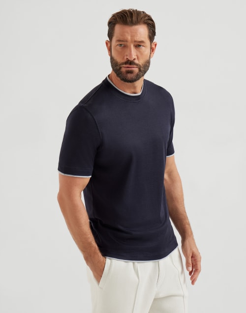 T-shirt with faux-layering Navy Blue Man - Brunello Cucinelli
