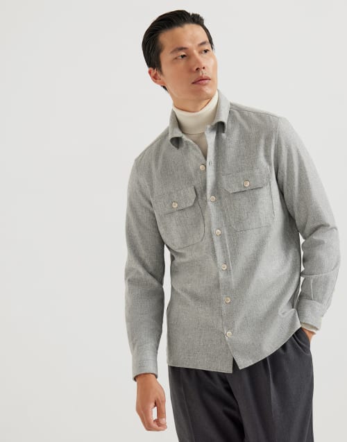 Virgin wool flannel overshirt Pearl Grey Man - Brunello Cucinelli