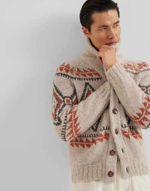 Cardigan Geometric Jacquard Beige Chiaro Uomo - Brunello Cucinelli