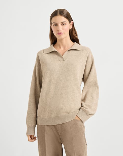 Cashmere double knit polo shirt Biscuit Woman - Brunello Cucinelli