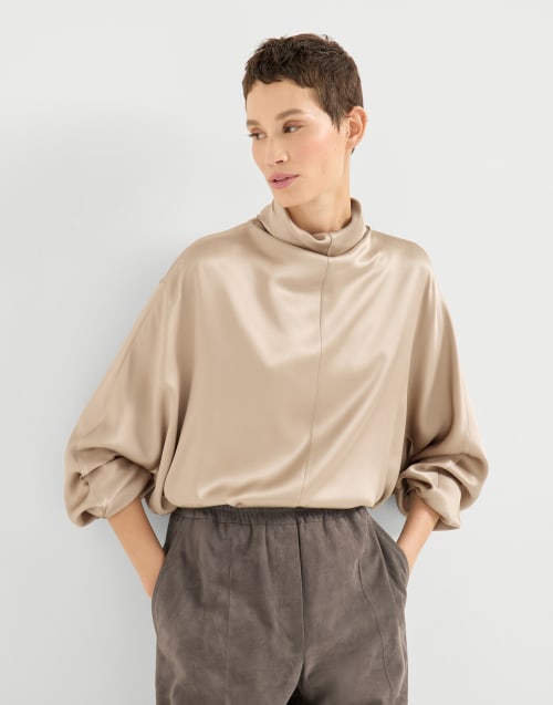Blouse en satin de soie double Beige Clair Femme - Brunello Cucinelli