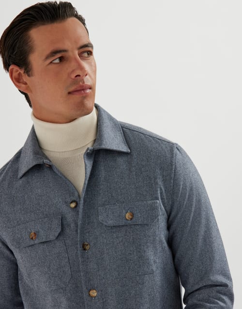 Virgin wool flannel overshirt Denim Man - Brunello Cucinelli
