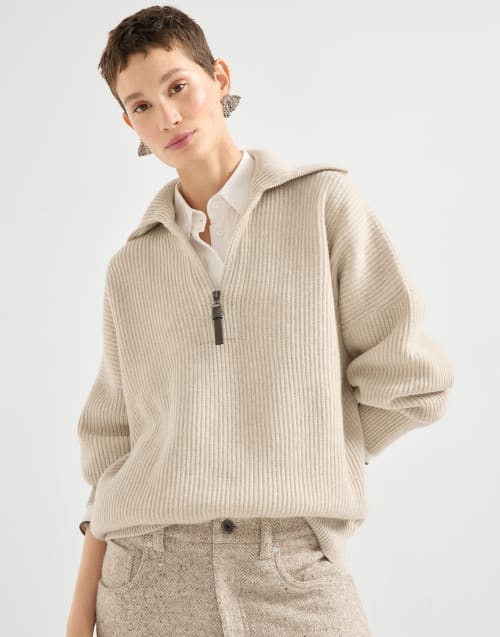 Pull en cachemire en côtes anglaises Beige Femme - Brunello Cucinelli
