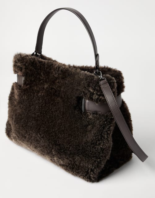 Shearling Essence top-handle bag Rust Brown Woman - Brunello Cucinelli