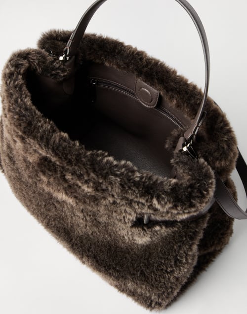 Shearling Essence top-handle bag Rust Brown Woman - Brunello Cucinelli