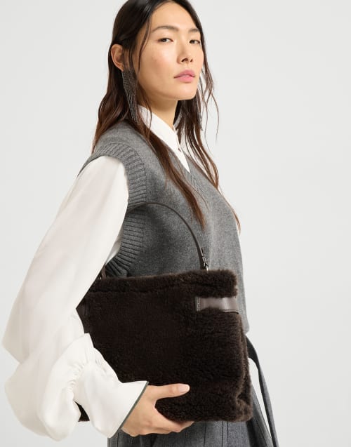 Shearling Essence top-handle bag Rust Brown Woman - Brunello Cucinelli
