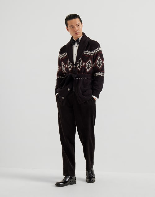 Cardigan jacquard géométrique à ceinture Noir Homme - Brunello Cucinelli
