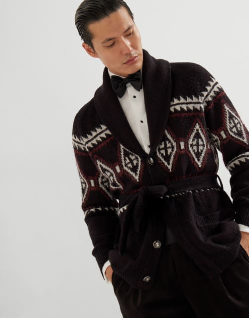 ベルト付き ジオメトリックジャカード カーディガン ブラック メンズ - Brunello Cucinelli