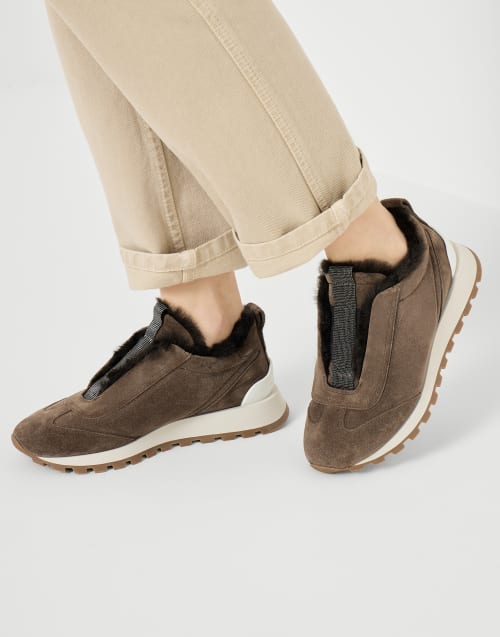 Suede sneakers with monili Brown Woman - Brunello Cucinelli