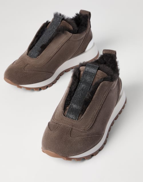 Suede sneakers with monili Brown Woman - Brunello Cucinelli
