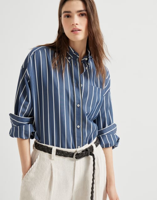 Camisa de popelina a rayas Azul Mujer - Brunello Cucinelli