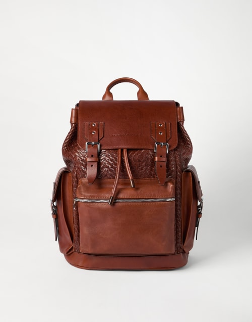 Calfskin and cowhide backpack Cognac Man - Brunello Cucinelli