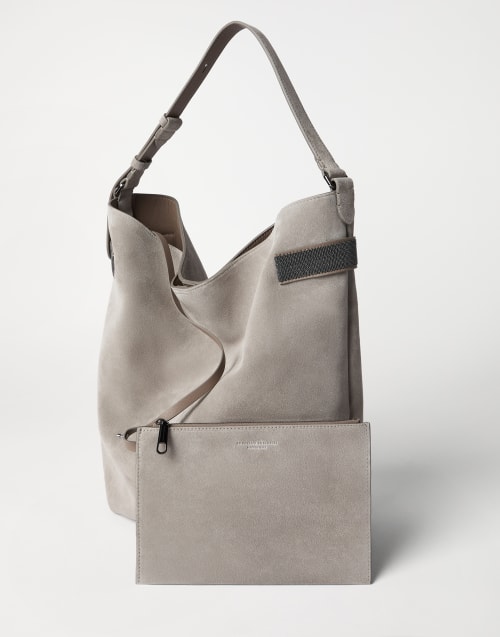 Sac Hobo Essence en daim Gris Clair Femme - Brunello Cucinelli