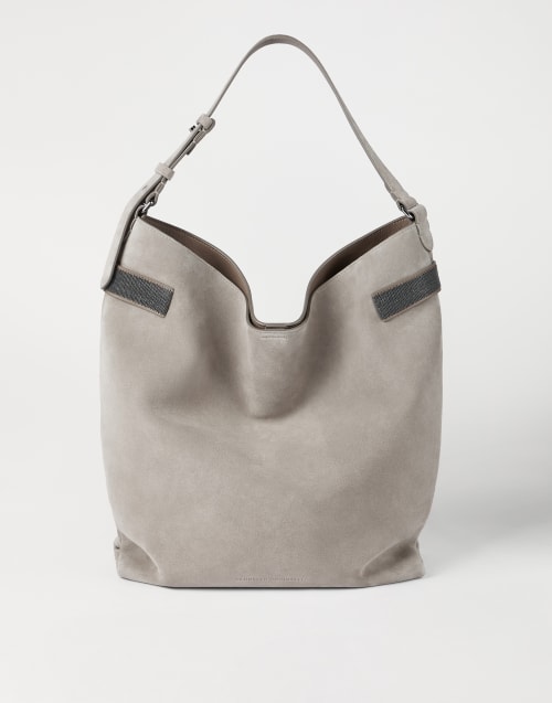 Sac Hobo Essence en daim Gris Clair Femme - Brunello Cucinelli