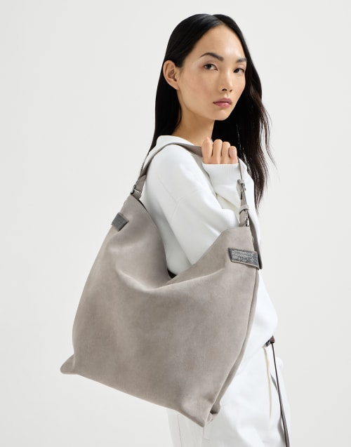 Sac Hobo Essence en daim Gris Clair Femme - Brunello Cucinelli