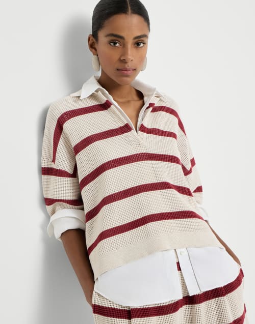 Cotton striped net knit polo shirt Bordeaux Woman - Brunello Cucinelli
