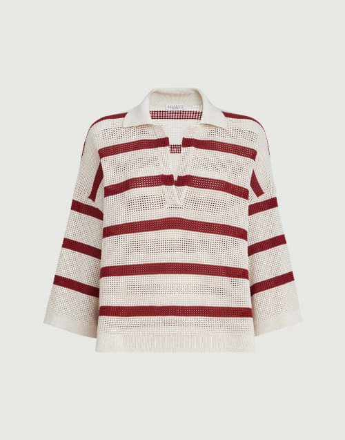 条纹棉针织马球衫 波尔多色 女款 - Brunello Cucinelli