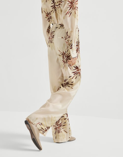 Bloom print pongee trousers Beige Silk Woman - Brunello Cucinelli