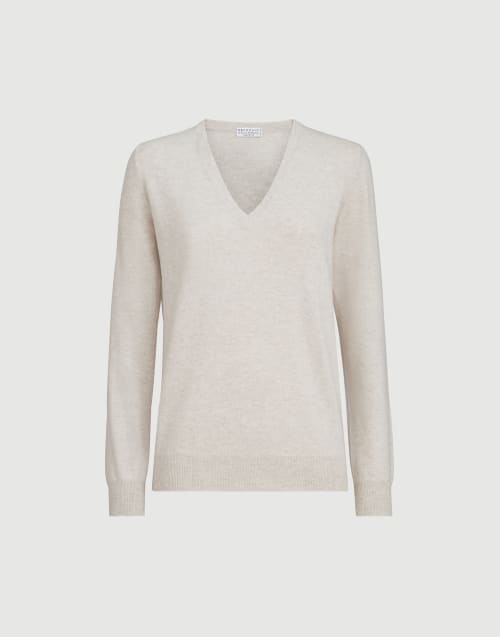 Cashmere sweater with monili Oyster Woman - Brunello Cucinelli