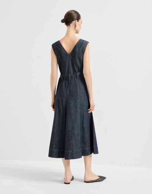 Flared Kleid aus Twill Jeansblau Damen - Brunello Cucinelli