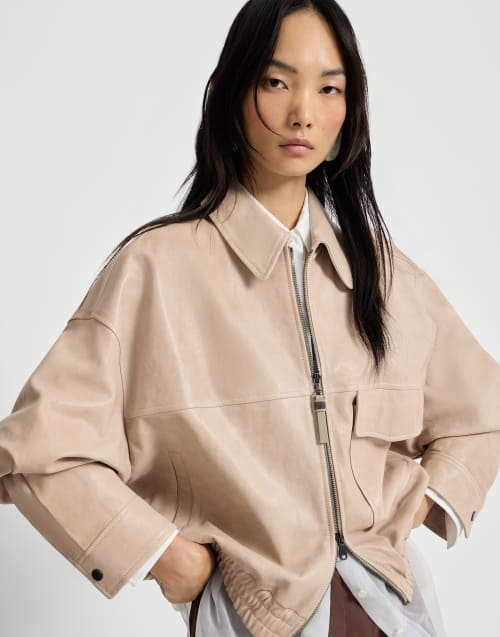 Glossy nappa leather outerwear jacket Beige Woman - Brunello Cucinelli