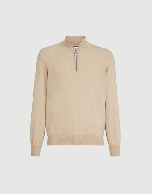 Cashmere sweater with half zip Beige Man - Brunello Cucinelli