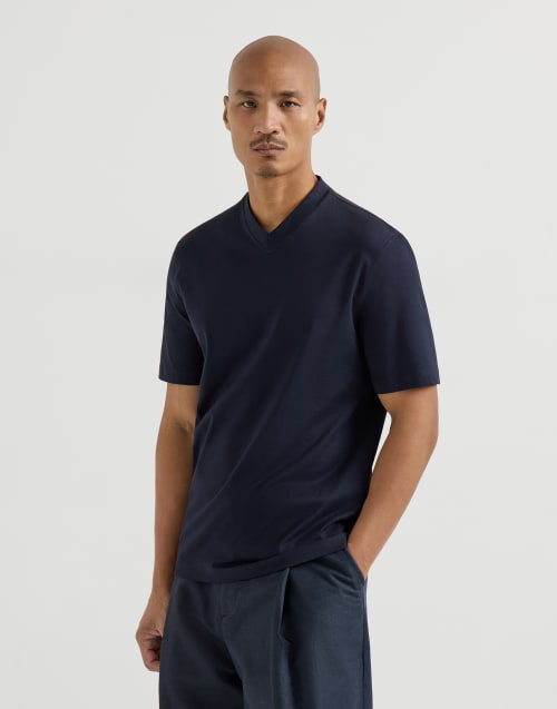 T-Shirt mit V-Ausschnitt aus Baumwolljersey Navy-Blau Herren - Brunello Cucinelli