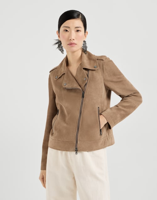 Bikerjacke aus Veloursleder Haselnuss Damen - Brunello Cucinelli