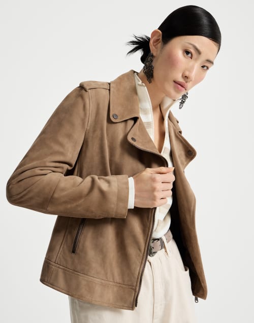 Bikerjacke aus Veloursleder Haselnuss Damen - Brunello Cucinelli