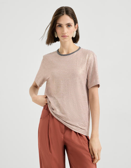 T-shirt en jersey rayé Orange Femme - Brunello Cucinelli