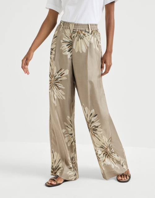 Bloom print pongee trousers Khaki Woman - Brunello Cucinelli