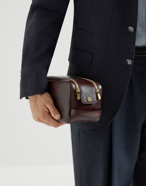 Calfskin beauty case with double zipper Burgundy Man - Brunello Cucinelli