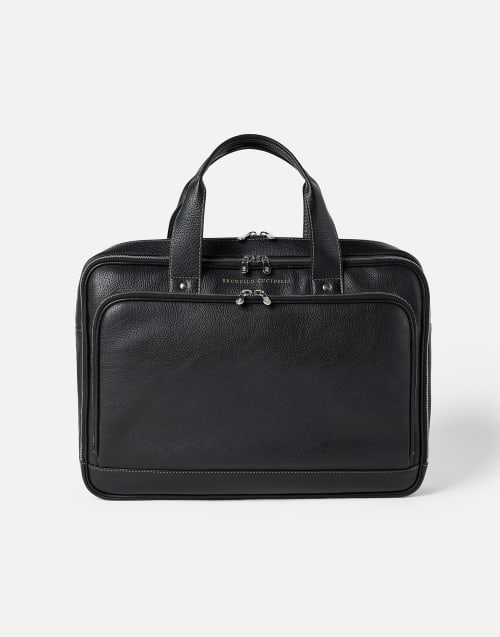 Grained calfskin briefcase with zipper Black Man - Brunello Cucinelli