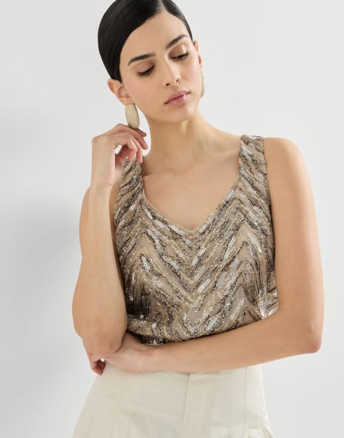 Dazzling chevron embroidery top Beige Woman - Brunello Cucinelli