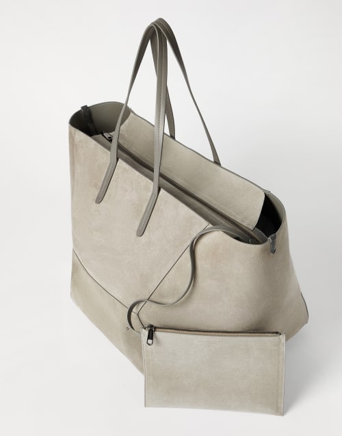 Sac BC Duo grand modèle en daim Vert Kaki Femme - Brunello Cucinelli