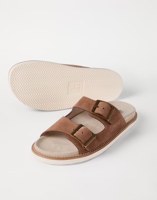 Suede slides with buckles Hazelnut Man - Brunello Cucinelli