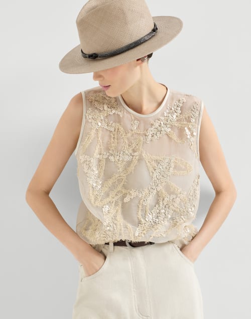 Top Dazzling Seabed Embroidery Beige Donna - Brunello Cucinelli