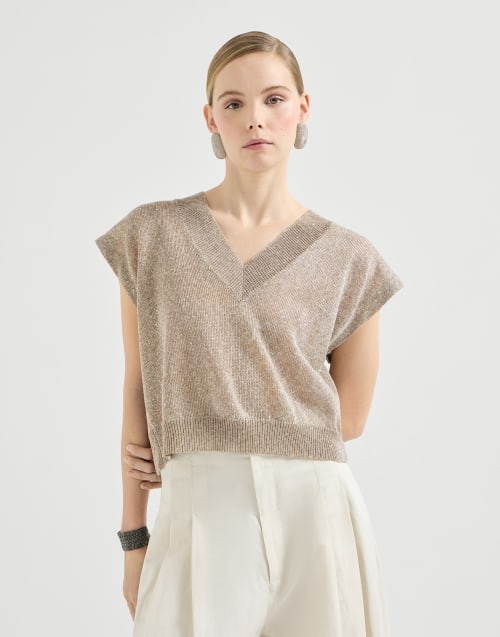 Linen and cotton Diamond yarn sweater Light Brown Woman - Brunello Cucinelli