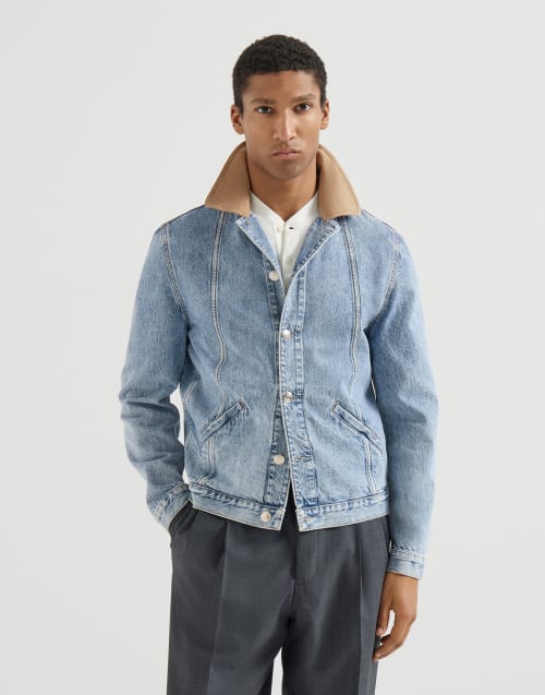 Denim outerwear jacket with suede collar Light Denim Man - Brunello Cucinelli