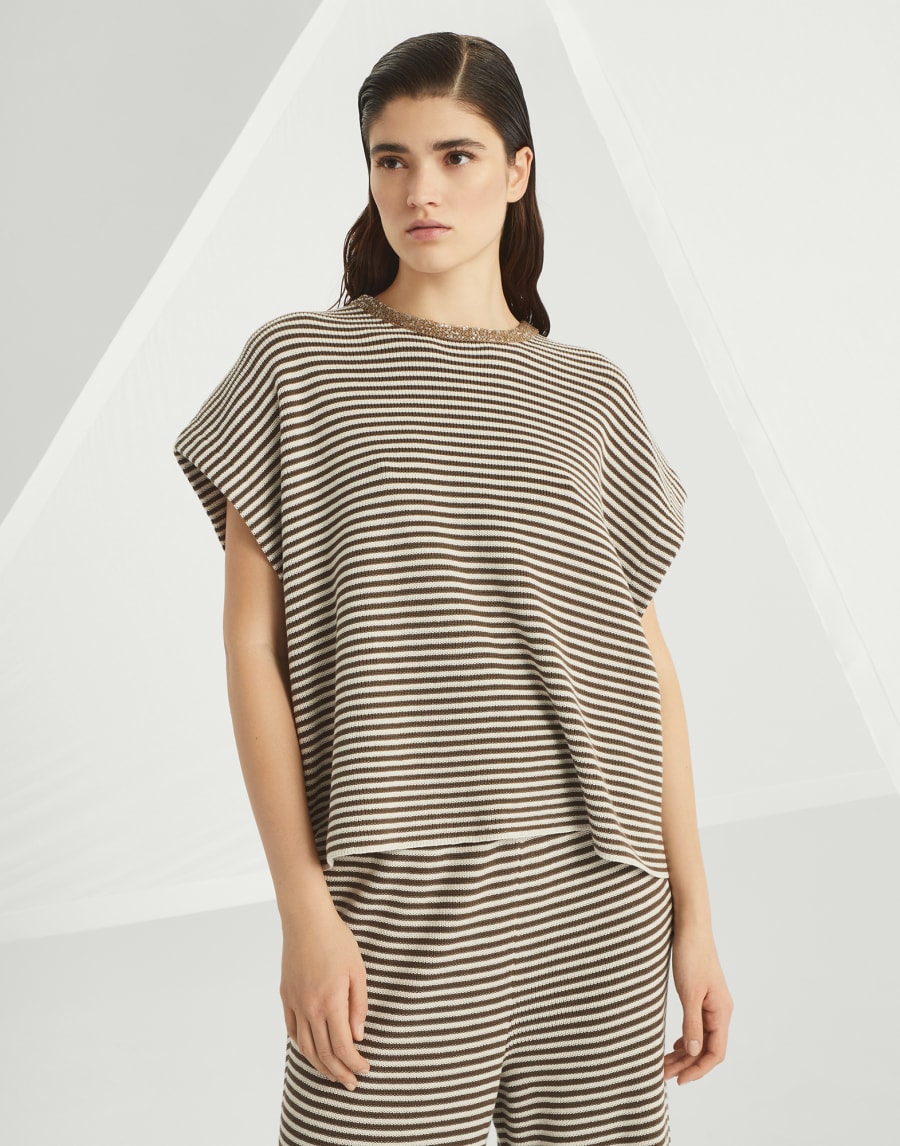 T-shirt with Dazzling Collar Insert Brown Woman - Brunello Cucinelli