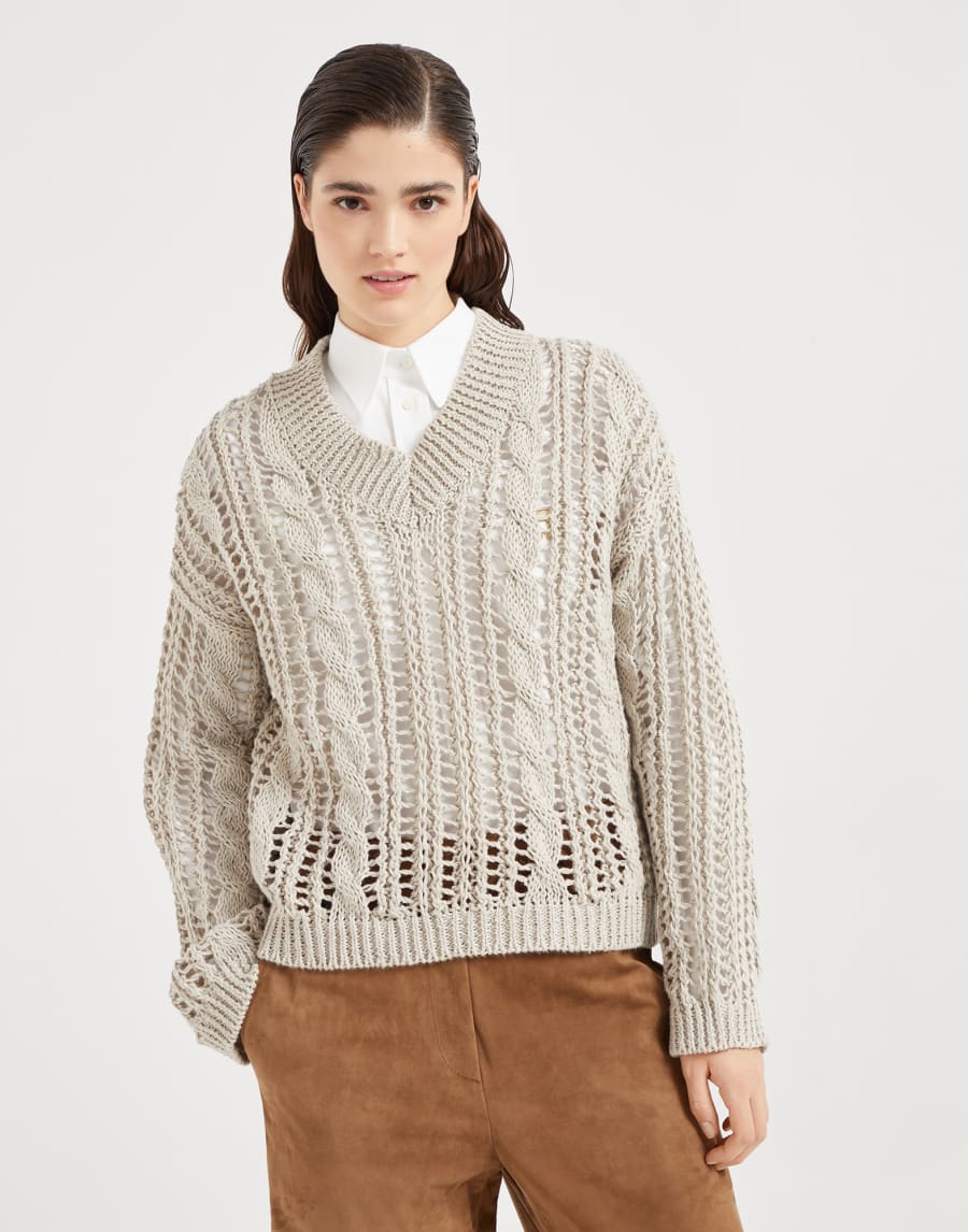 Maglia Cable & Mesh Grigio Chiaro Donna - Brunello Cucinelli