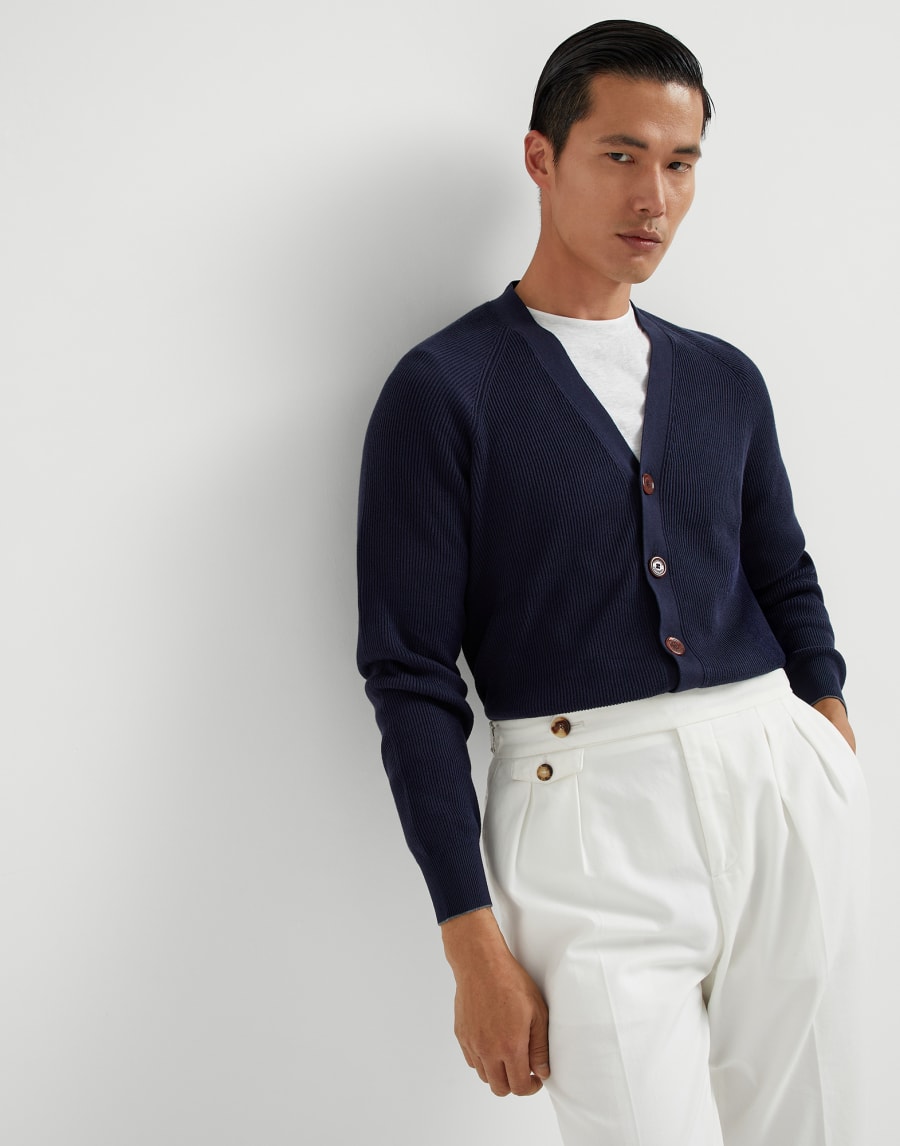 English Rib knit cardigan Navy Blue Man - Brunello Cucinelli