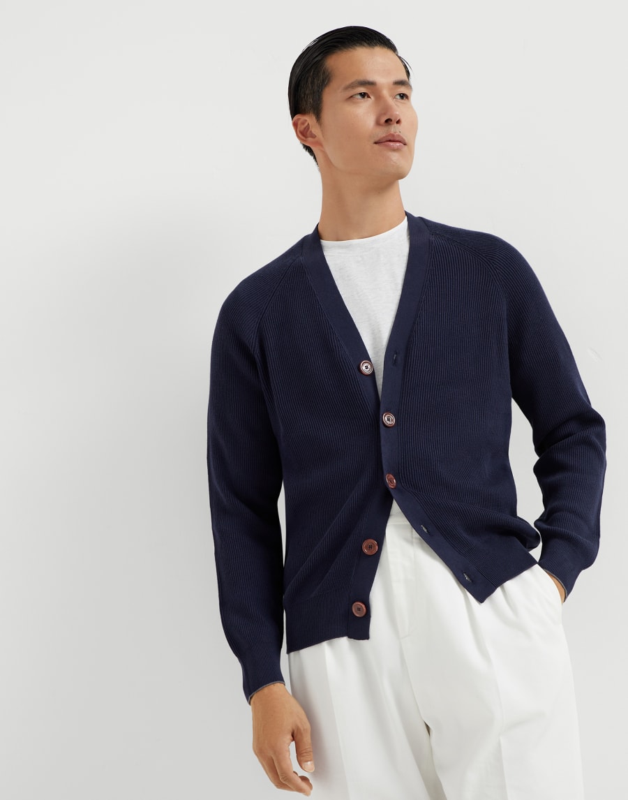English Rib knit cardigan Navy Blue Man - Brunello Cucinelli
