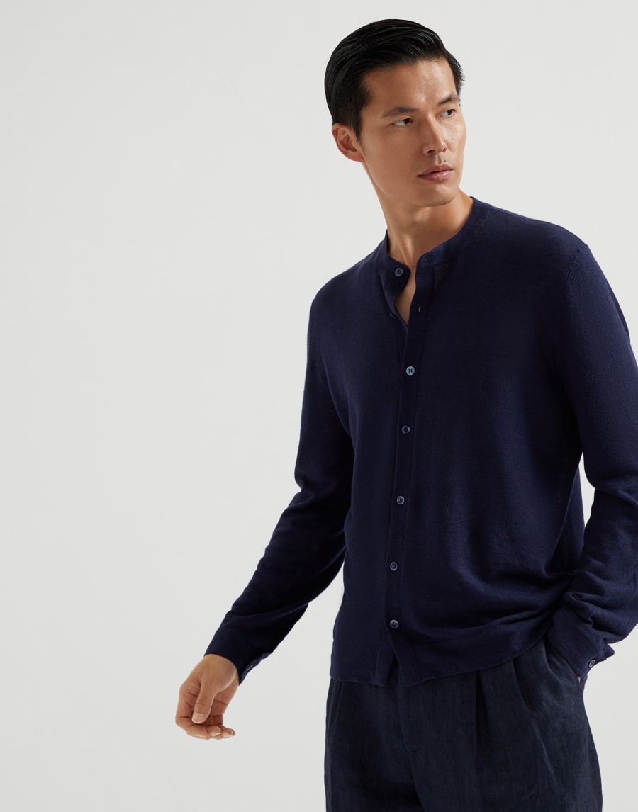 Linen and cotton cardigan Navy Blue Man - Brunello Cucinelli
