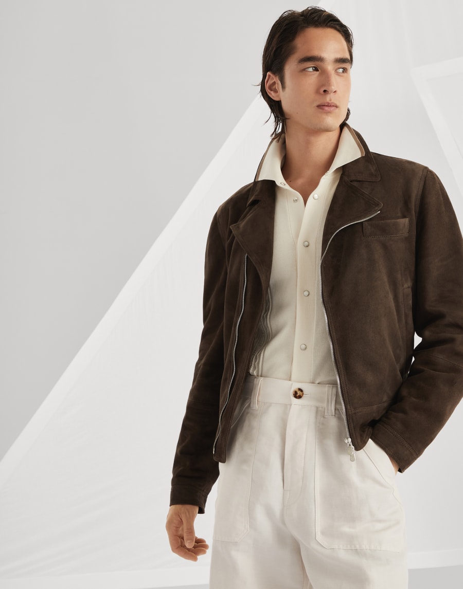Suede biker jacket Brown Man - Brunello Cucinelli